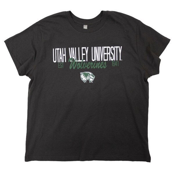 Women's Fit high waisted black boyfriend tee with large “Utah Valley University” and a cursive “Wolverines” with a mascot logo on the front